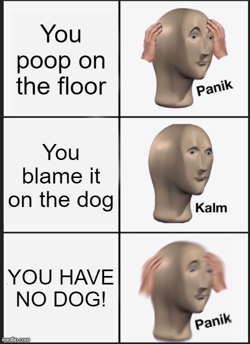 No one has done this. Have they? | You poop on the floor; You blame it on the dog; YOU HAVE NO DOG! | image tagged in memes,panik kalm panik | made w/ Imgflip meme maker