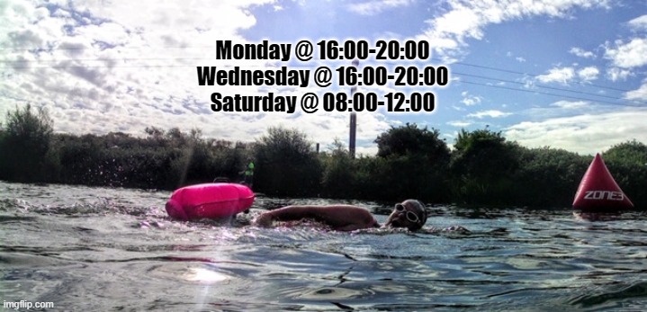 Monday @ 16:00-20:00
Wednesday @ 16:00-20:00
Saturday @ 08:00-12:00 | image tagged in swimming | made w/ Imgflip meme maker