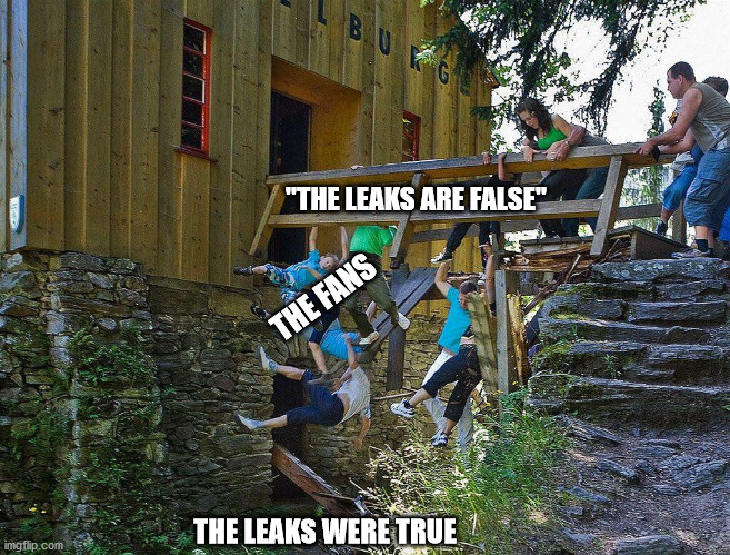 "THE LEAKS ARE FALSE"; THE FANS; THE LEAKS WERE TRUE | made w/ Imgflip meme maker