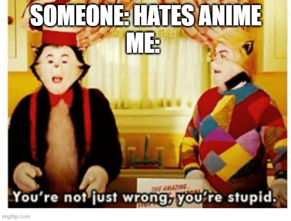 You're not just wrong your stupid | ME:; SOMEONE: HATES ANIME | image tagged in you're not just wrong your stupid,cat in the hat,stupid | made w/ Imgflip meme maker