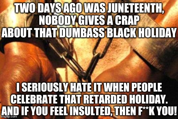 Fuck Juneteenth | TWO DAYS AGO WAS JUNETEENTH, NOBODY GIVES A CRAP ABOUT THAT DUMBASS BLACK HOLIDAY; I SERIOUSLY HATE IT WHEN PEOPLE CELEBRATE THAT RETARDED HOLIDAY. AND IF YOU FEEL INSULTED, THEN F**K YOU! | image tagged in tik tok,june | made w/ Imgflip meme maker