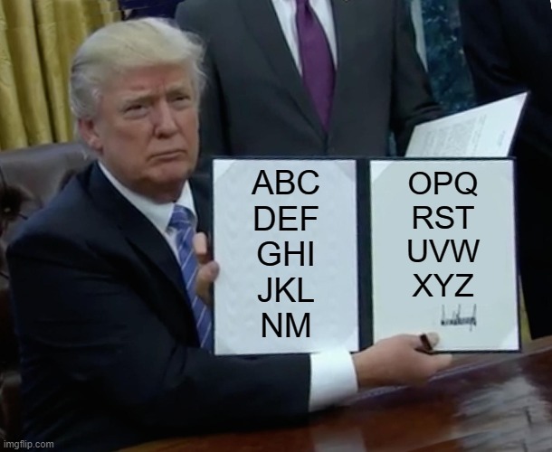 trump alphabet genius | ABC
DEF
GHI
JKL
NM; OPQ
RST
UVW
XYZ | image tagged in memes,trump bill signing | made w/ Imgflip meme maker