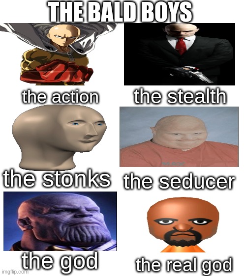 boiiiiiiii | THE BALD BOYS; the stealth; the action; the stonks; the seducer; the god; the real god | image tagged in blank white template,funny,funny memes | made w/ Imgflip meme maker