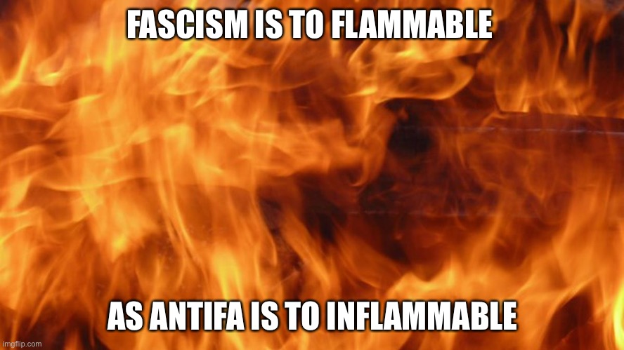 Does anyone know what fascism is? | FASCISM IS TO FLAMMABLE; AS ANTIFA IS TO INFLAMMABLE | image tagged in antifa,fascist | made w/ Imgflip meme maker