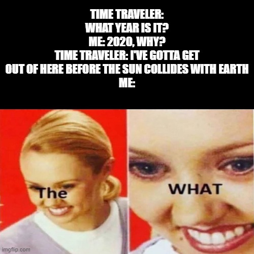 W H A T | TIME TRAVELER: WHAT YEAR IS IT?
ME: 2020, WHY?
TIME TRAVELER: I'VE GOTTA GET OUT OF HERE BEFORE THE SUN COLLIDES WITH EARTH
ME: | image tagged in the what | made w/ Imgflip meme maker