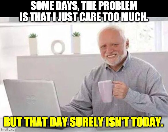 Harold | SOME DAYS, THE PROBLEM IS THAT I JUST CARE TOO MUCH. BUT THAT DAY SURELY ISN'T TODAY. | image tagged in harold | made w/ Imgflip meme maker