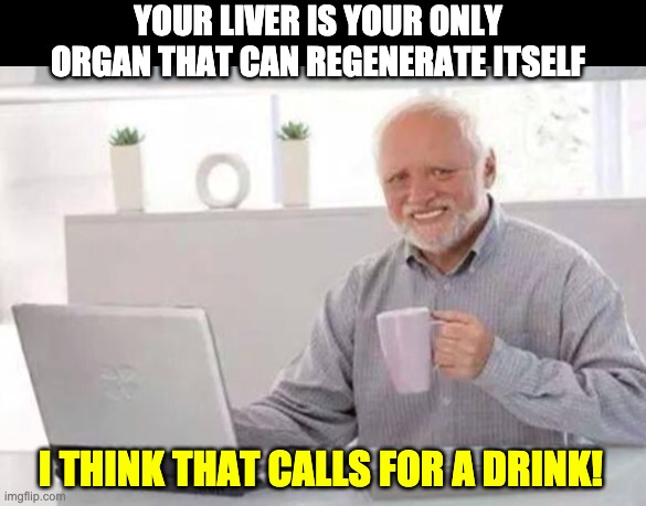 Harold | YOUR LIVER IS YOUR ONLY ORGAN THAT CAN REGENERATE ITSELF; I THINK THAT CALLS FOR A DRINK! | image tagged in harold | made w/ Imgflip meme maker