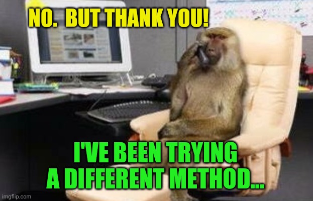 Monkey tech support | NO.  BUT THANK YOU! I'VE BEEN TRYING A DIFFERENT METHOD... | image tagged in monkey tech support | made w/ Imgflip meme maker