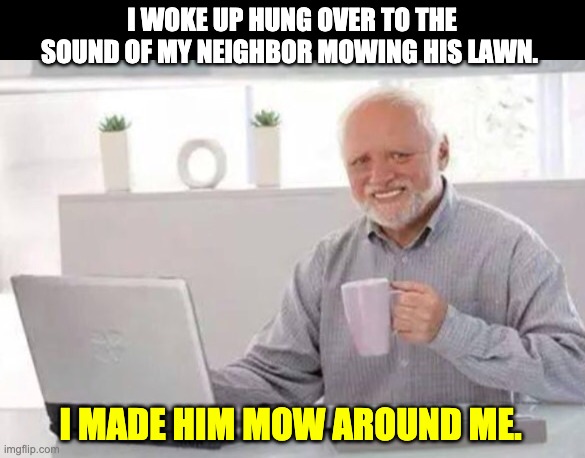 Harold | I WOKE UP HUNG OVER TO THE SOUND OF MY NEIGHBOR MOWING HIS LAWN. I MADE HIM MOW AROUND ME. | image tagged in harold | made w/ Imgflip meme maker