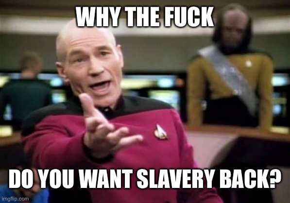 Picard Wtf Meme | WHY THE FUCK DO YOU WANT SLAVERY BACK? | image tagged in memes,picard wtf | made w/ Imgflip meme maker