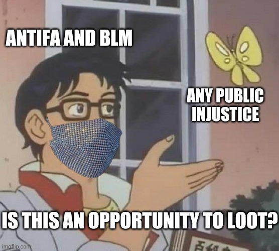 The new "shooting your own foot" | ANTIFA AND BLM; ANY PUBLIC INJUSTICE; IS THIS AN OPPORTUNITY TO LOOT? | image tagged in looters,antifa,black lives matter,democrats,rioters | made w/ Imgflip meme maker