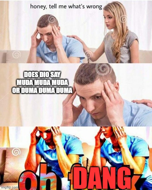 which one | DOES DIO SAY MUDA MUDA MUDA OR DUMA DUMA DUMA; DANG | image tagged in memes | made w/ Imgflip meme maker