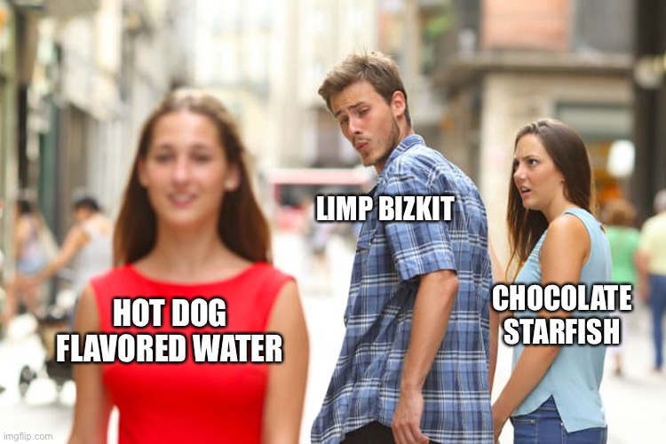 Distracted Boyfriend Meme | LIMP BIZKIT HOT DOG FLAVORED WATER CHOCOLATE STARFISH | image tagged in memes,distracted boyfriend | made w/ Imgflip meme maker