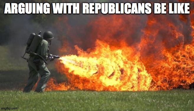 It's hard to argue with idiots! | ARGUING WITH REPUBLICANS BE LIKE | image tagged in flamethrower,memes,republicans,idiots | made w/ Imgflip meme maker