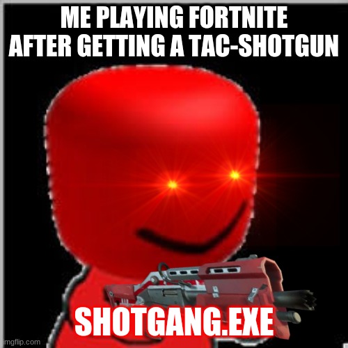 da shotgun master.EXE | ME PLAYING FORTNITE AFTER GETTING A TAC-SHOTGUN; SHOTGANG.EXE | image tagged in funny memes | made w/ Imgflip meme maker