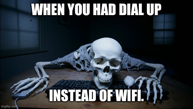 skeleton waiting computer | WHEN YOU HAD DIAL UP; INSTEAD OF WIFI. | image tagged in skeleton waiting computer | made w/ Imgflip meme maker