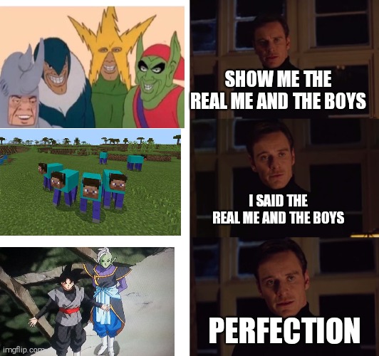 They show you | SHOW ME THE REAL ME AND THE BOYS; I SAID THE REAL ME AND THE BOYS; PERFECTION | image tagged in goku black,perfection | made w/ Imgflip meme maker