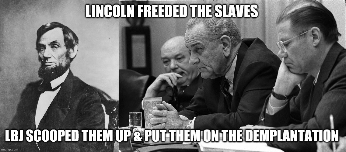 DEMOCRAT | LINCOLN FREEDED THE SLAVES; LBJ SCOOPED THEM UP & PUT THEM ON THE DEMPLANTATION | image tagged in evil overlord rules | made w/ Imgflip meme maker