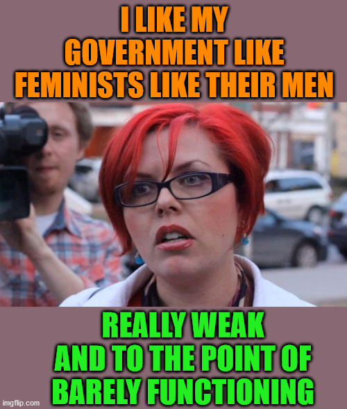 Need to weaken the government hold on states and throttle the supreme court. | I LIKE MY GOVERNMENT LIKE FEMINISTS LIKE THEIR MEN; REALLY WEAK AND TO THE POINT OF BARELY FUNCTIONING | image tagged in angry feminist,libertarian,weak | made w/ Imgflip meme maker