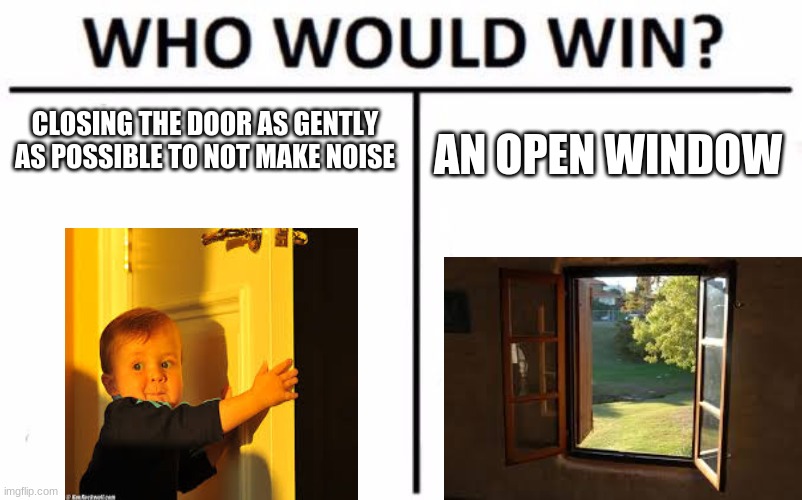 Drives me  nuts | CLOSING THE DOOR AS GENTLY AS POSSIBLE TO NOT MAKE NOISE; AN OPEN WINDOW | image tagged in memes,who would win | made w/ Imgflip meme maker