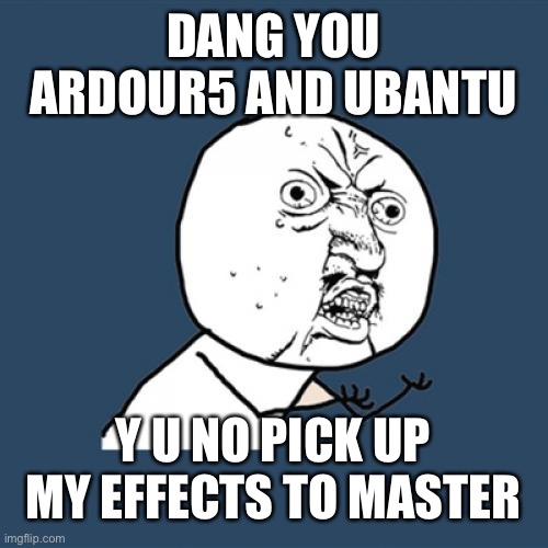 Think figured it out, when you get a new system and don’t watch any videos | DANG YOU ARDOUR5 AND UBANTU; Y U NO PICK UP MY EFFECTS TO MASTER | image tagged in memes,y u no | made w/ Imgflip meme maker