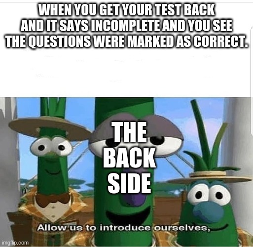 Allow us to introduce ourselves | WHEN YOU GET YOUR TEST BACK AND IT SAYS INCOMPLETE AND YOU SEE THE QUESTIONS WERE MARKED AS CORRECT. THE BACK SIDE | image tagged in allow us to introduce ourselves | made w/ Imgflip meme maker