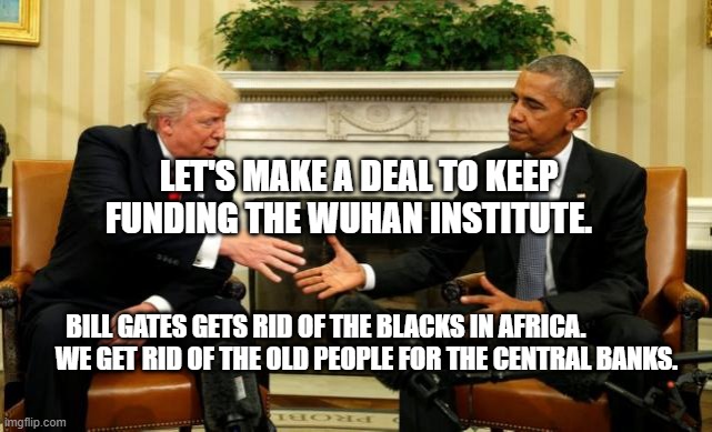 Obama Trump | LET'S MAKE A DEAL TO KEEP FUNDING THE WUHAN INSTITUTE. BILL GATES GETS RID OF THE BLACKS IN AFRICA.                   WE GET RID OF THE OLD PEOPLE FOR THE CENTRAL BANKS. | image tagged in obama trump | made w/ Imgflip meme maker