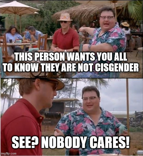 See Nobody Cares Meme | THIS PERSON WANTS YOU ALL TO KNOW THEY ARE NOT CISGENDER; SEE? NOBODY CARES! | image tagged in memes,see nobody cares | made w/ Imgflip meme maker