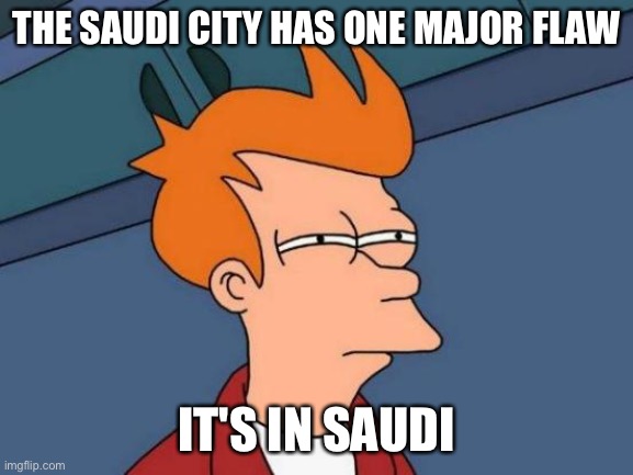 Futurama Fry Meme | THE SAUDI CITY HAS ONE MAJOR FLAW IT'S IN SAUDI | image tagged in memes,futurama fry | made w/ Imgflip meme maker