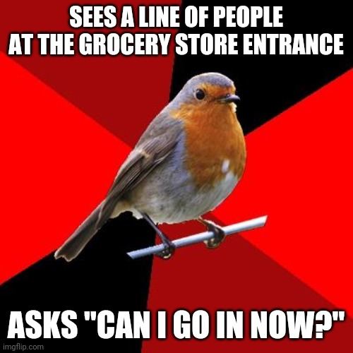 Retail Robin | SEES A LINE OF PEOPLE AT THE GROCERY STORE ENTRANCE; ASKS "CAN I GO IN NOW?" | image tagged in retail robin | made w/ Imgflip meme maker
