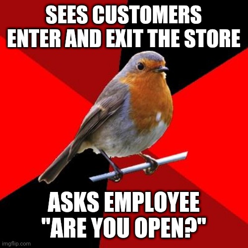 Retail Robin | SEES CUSTOMERS ENTER AND EXIT THE STORE; ASKS EMPLOYEE "ARE YOU OPEN?" | image tagged in retail robin | made w/ Imgflip meme maker