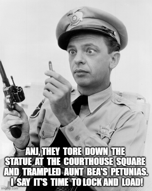Anj | ANJ, THEY  TORE  DOWN  THE  STATUE  AT  THE  COURTHOUSE  SQUARE  AND  TRAMPLED  AUNT  BEA'S  PETUNIAS.  I  SAY  IT'S  TIME  TO LOCK AND  LOAD! | image tagged in protesters | made w/ Imgflip meme maker