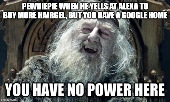 you have no power here | PEWDIEPIE WHEN HE YELLS AT ALEXA TO BUY MORE HAIRGEL, BUT YOU HAVE A GOOGLE HOME | image tagged in you have no power here | made w/ Imgflip meme maker