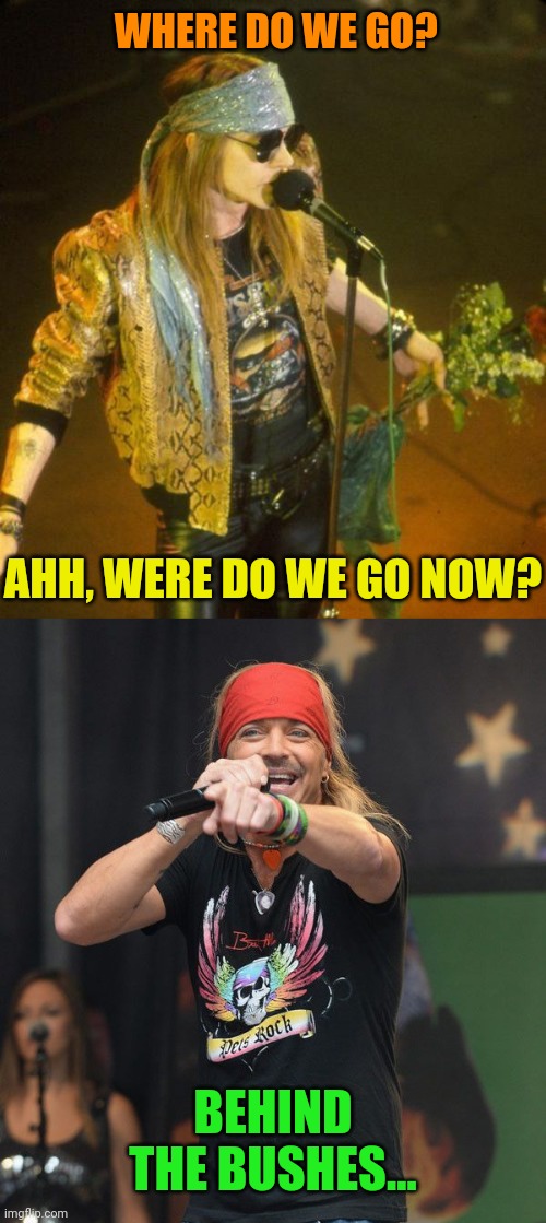 Guns n' Poison | WHERE DO WE GO? AHH, WERE DO WE GO NOW? BEHIND THE BUSHES... | image tagged in guns n roses,poison,80's,rock music | made w/ Imgflip meme maker