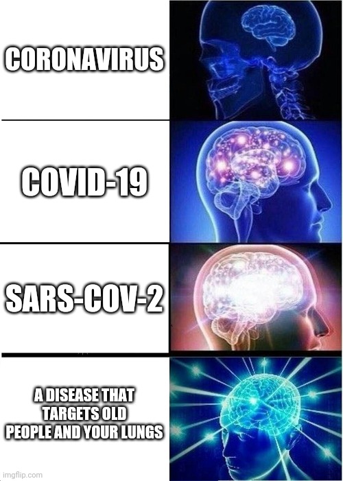 Expanding Brain | CORONAVIRUS; COVID-19; SARS-COV-2; A DISEASE THAT TARGETS OLD PEOPLE AND YOUR LUNGS | image tagged in memes,expanding brain | made w/ Imgflip meme maker