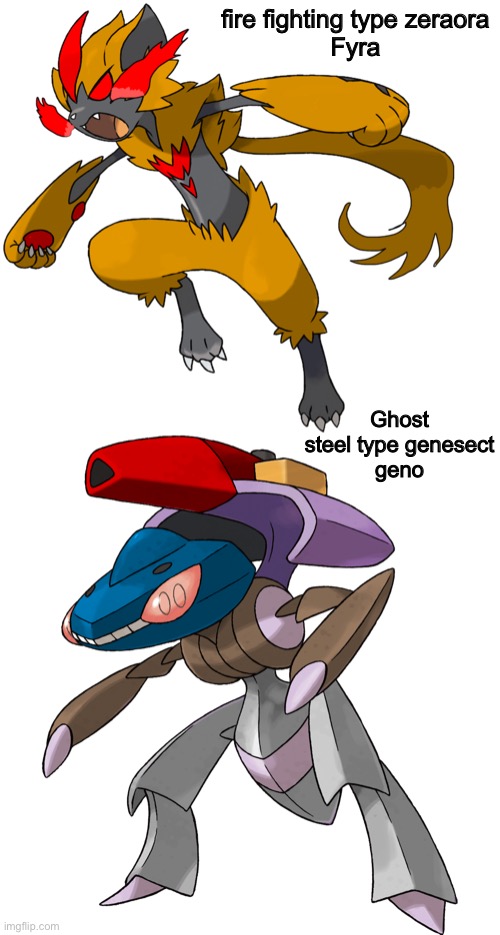 fire fighting type zeraora
Fyra; Ghost steel type genesect
geno | made w/ Imgflip meme maker