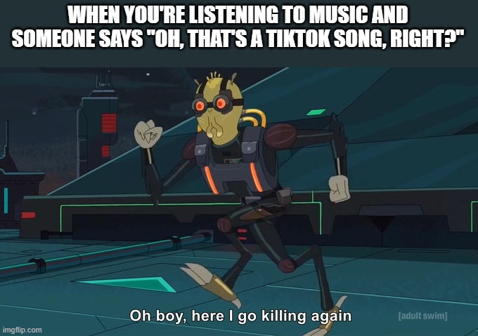 TikTok Songs | WHEN YOU'RE LISTENING TO MUSIC AND SOMEONE SAYS "OH, THAT'S A TIKTOK SONG, RIGHT?" | image tagged in oh boy here i go killing again | made w/ Imgflip meme maker