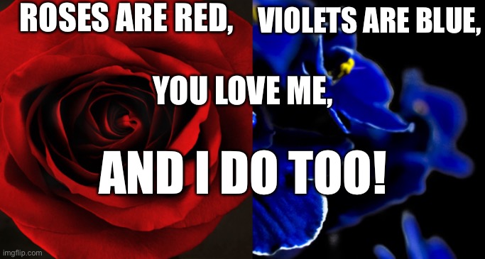 XD a valentines for yur partner | ROSES ARE RED, VIOLETS ARE BLUE, YOU LOVE ME, AND I DO TOO! | image tagged in roses are red violets are blue,egotistic,narcissist | made w/ Imgflip meme maker