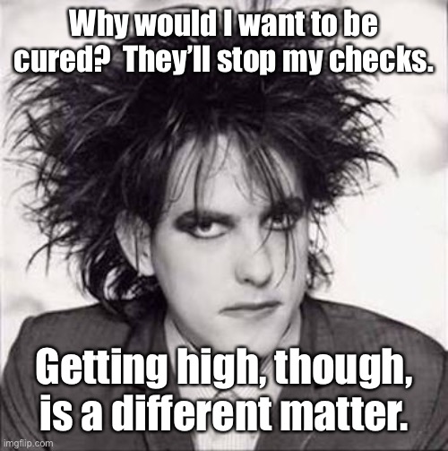 The cure | Why would I want to be cured?  They’ll stop my checks. Getting high, though, is a different matter. | image tagged in the cure | made w/ Imgflip meme maker
