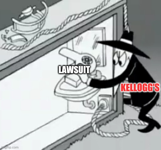 Cursed black spy | KELLOGG'S LAWSUIT | image tagged in cursed black spy | made w/ Imgflip meme maker