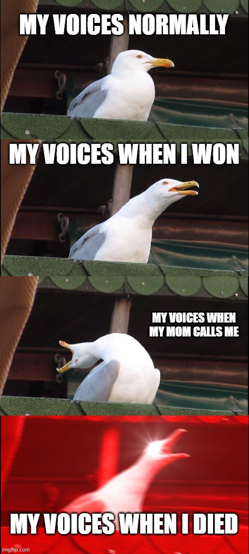 Inhaling Seagull Meme | MY VOICES NORMALLY; MY VOICES WHEN I WON; MY VOICES WHEN MY MOM CALLS ME; MY VOICES WHEN I DIED | image tagged in memes,inhaling seagull | made w/ Imgflip meme maker