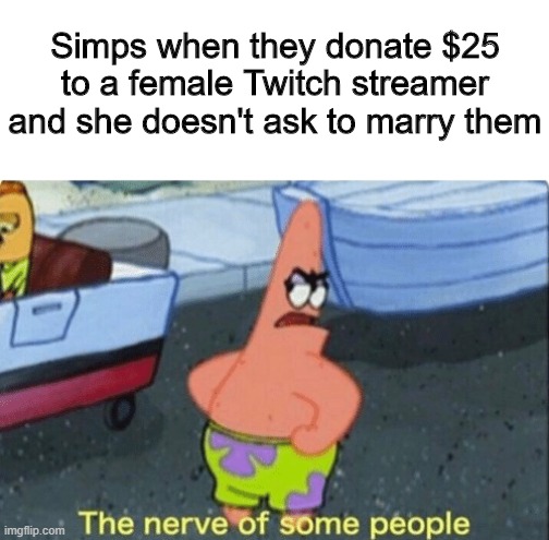 Lemme smash |  Simps when they donate $25 to a female Twitch streamer and she doesn't ask to marry them | image tagged in patrick the nerve of some people,memes,funny,simp,twitch | made w/ Imgflip meme maker