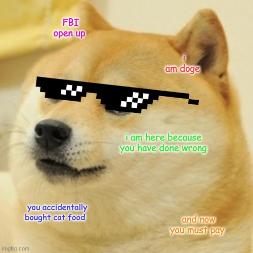Doge | FBI open up; i am doge; i am here because you have done wrong; you accidentally bought cat food; and now you must pay | image tagged in memes,doge | made w/ Imgflip meme maker