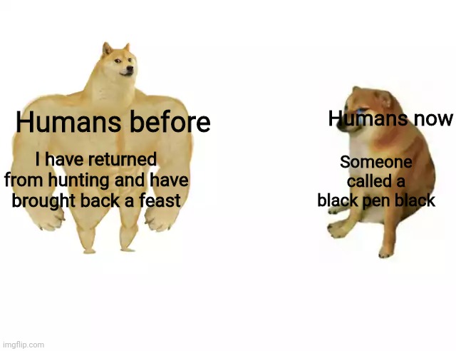 Buff Doge vs. Cheems |  Humans before; Humans now; I have returned from hunting and have brought back a feast; Someone called a black pen black | image tagged in buff doge vs cheems,funny memes,laugh damn you,lol so funny,so funny i died,lolol | made w/ Imgflip meme maker