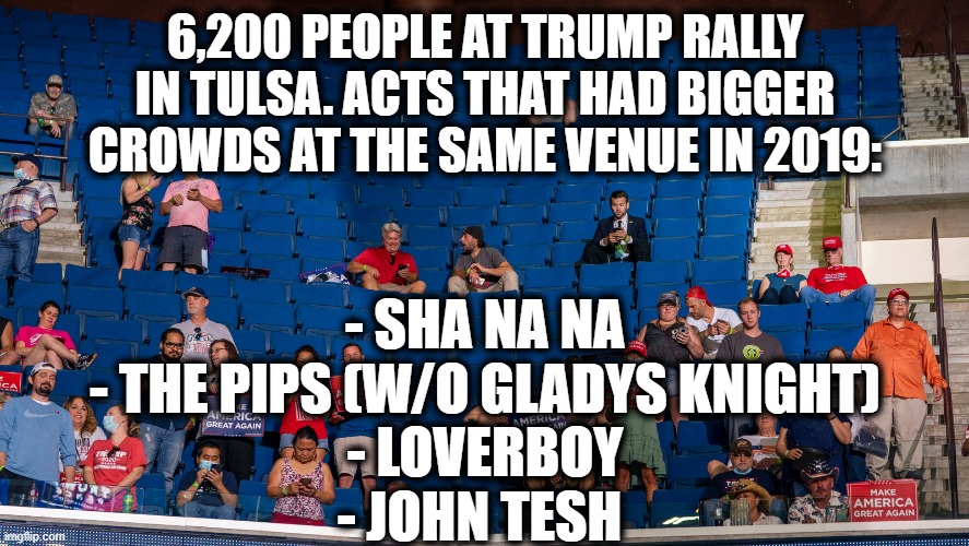 Rally Fail | 6,200 PEOPLE AT TRUMP RALLY IN TULSA. ACTS THAT HAD BIGGER CROWDS AT THE SAME VENUE IN 2019:; - SHA NA NA
- THE PIPS (W/O GLADYS KNIGHT)
- LOVERBOY
- JOHN TESH | image tagged in donald trump,tulsa,oklahoma,rally,fail,trump supporters | made w/ Imgflip meme maker