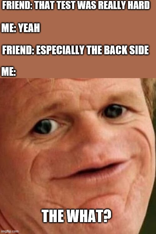 SOSIG | FRIEND: THAT TEST WAS REALLY HARD; ME: YEAH; FRIEND: ESPECIALLY THE BACK SIDE; ME:; THE WHAT? | image tagged in sosig | made w/ Imgflip meme maker