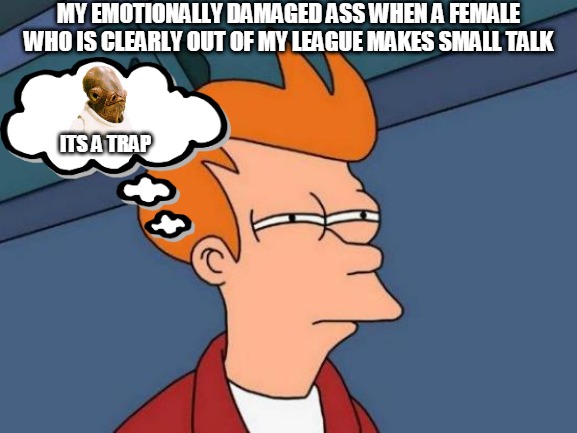 Hmmmm | MY EMOTIONALLY DAMAGED ASS WHEN A FEMALE WHO IS CLEARLY OUT OF MY LEAGUE MAKES SMALL TALK; ITS A TRAP | image tagged in memes,futurama fry | made w/ Imgflip meme maker