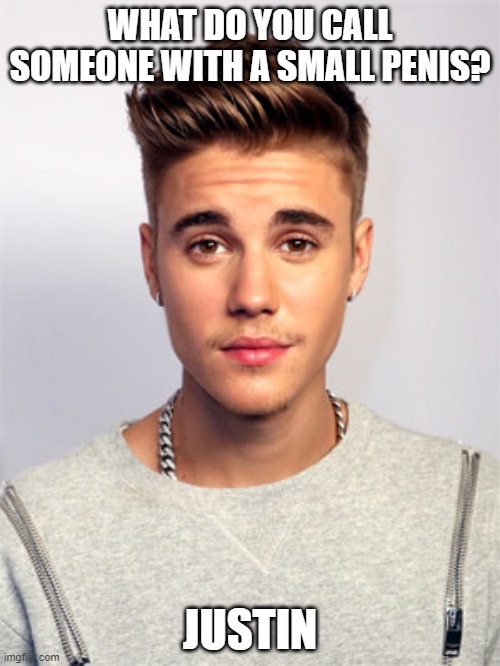 Tiny | WHAT DO YOU CALL SOMEONE WITH A SMALL PENIS? JUSTIN | image tagged in justin bieber | made w/ Imgflip meme maker