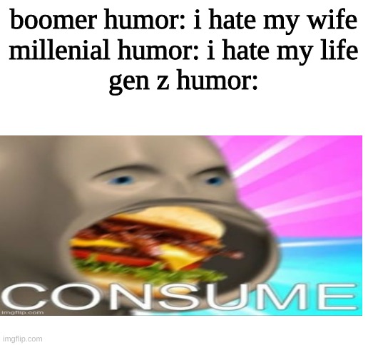 the legacy of gen zeeeeeeeeeeeeeeeeeeeeeeee | boomer humor: i hate my wife
millenial humor: i hate my life
gen z humor: | image tagged in blank white template | made w/ Imgflip meme maker