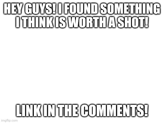 It looks fun | HEY GUYS! I FOUND SOMETHING I THINK IS WORTH A SHOT! LINK IN THE COMMENTS! | image tagged in blank white template | made w/ Imgflip meme maker